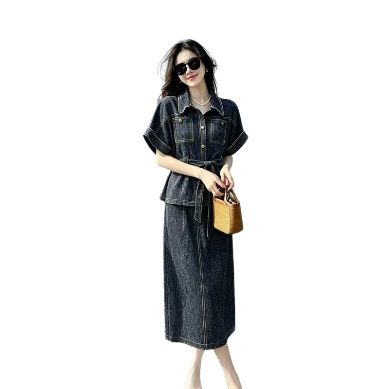 Miyake Pleated 2026 New Early Autumn Denim Set for Women Short Sleeve Turn-down Collar Waist Tie Straight Half Skirt Pleated Set
