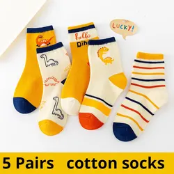 5 Pairs Of Childrens Socks Pure Cotton Cartoon Dinosaur Medium Tube Boys Socks Breathable Yellow Socks