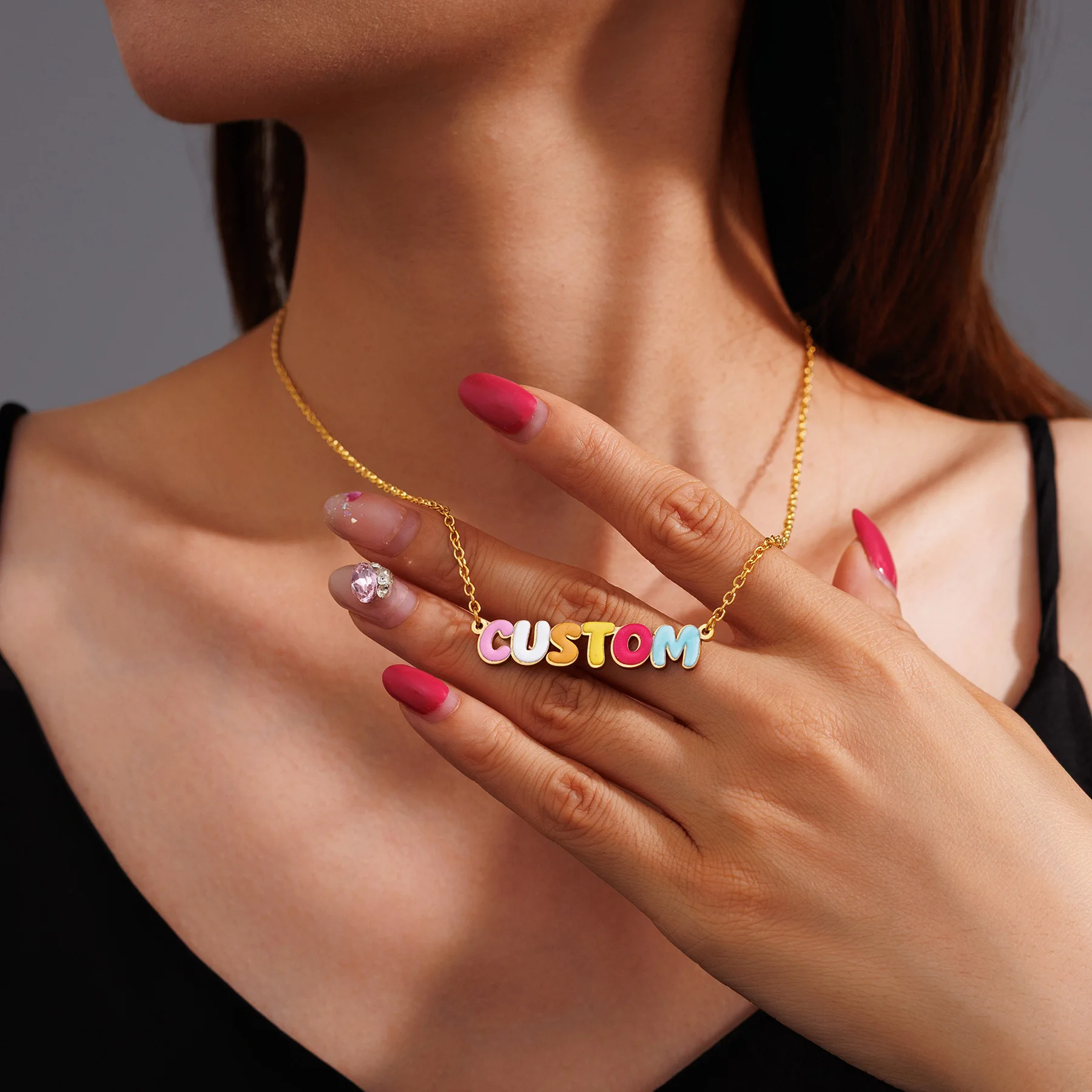 Atoztide Personalized Custom Name Necklace for Women UV Color Printing Initials Letter Stainless Steel Nameplate Jewerly Gift