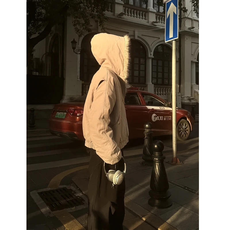 Men's Winter Cotton Jacket Lamb Velvet Hooded Coat Large Fur Collar Workwear Short Cleanfit Style Casual Loose Fit Zipper Clo...