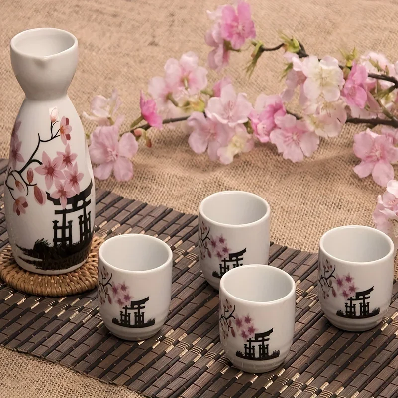 Juego de Sake Japonés de Cerámica Pintado a Mano con Flores Blancas y Rosas, Regalos de Cumpleaños, Artículos Coleccionables, Apto para Diversas Ocasiones
