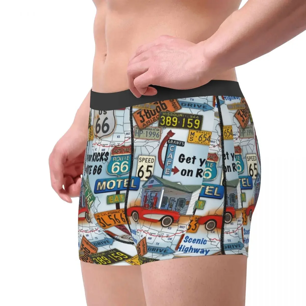 Men Route 66 License Plate American Boxer Briefs Shorts Panties Underwear Highway Mother Road Sign Homme Funny Underpants