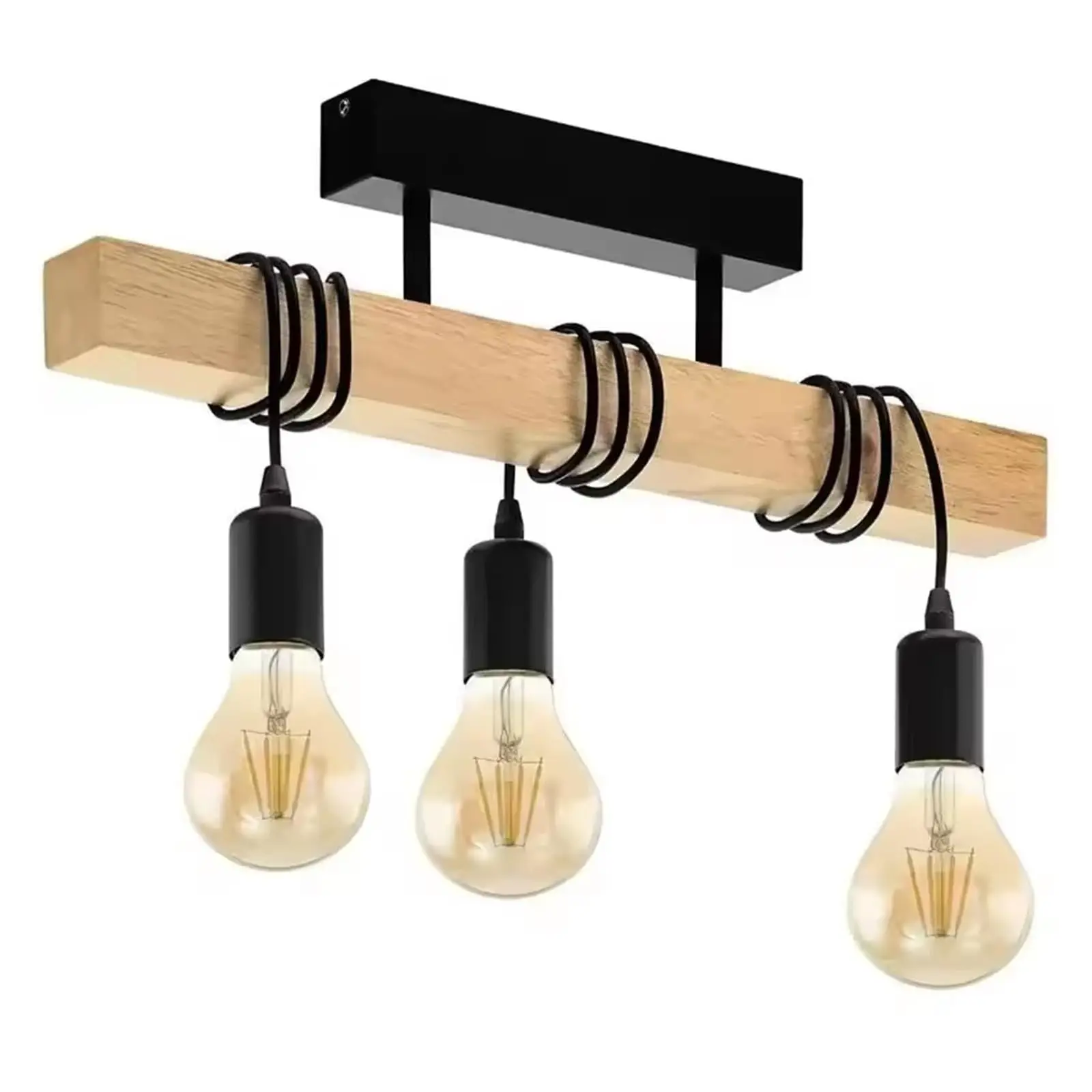 

3-Light Vintage Ceiling lamp in Industrial Design, Retro Pendant lamp Made of blacksteel and Natural Wood, E27 Socke