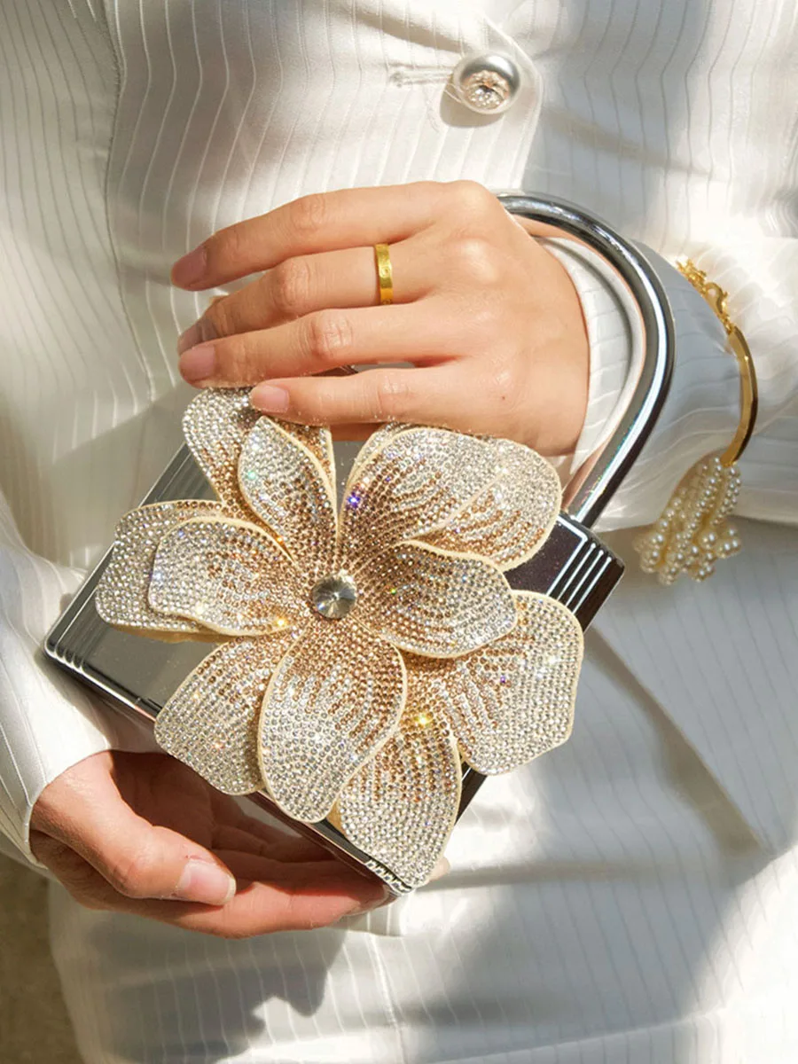 UGALS Fairy Acrylic Flower Rhinestone Box Small Lock Evening Party Glitter Diamond High-End Feel Handheld Slant Crossbody Bag