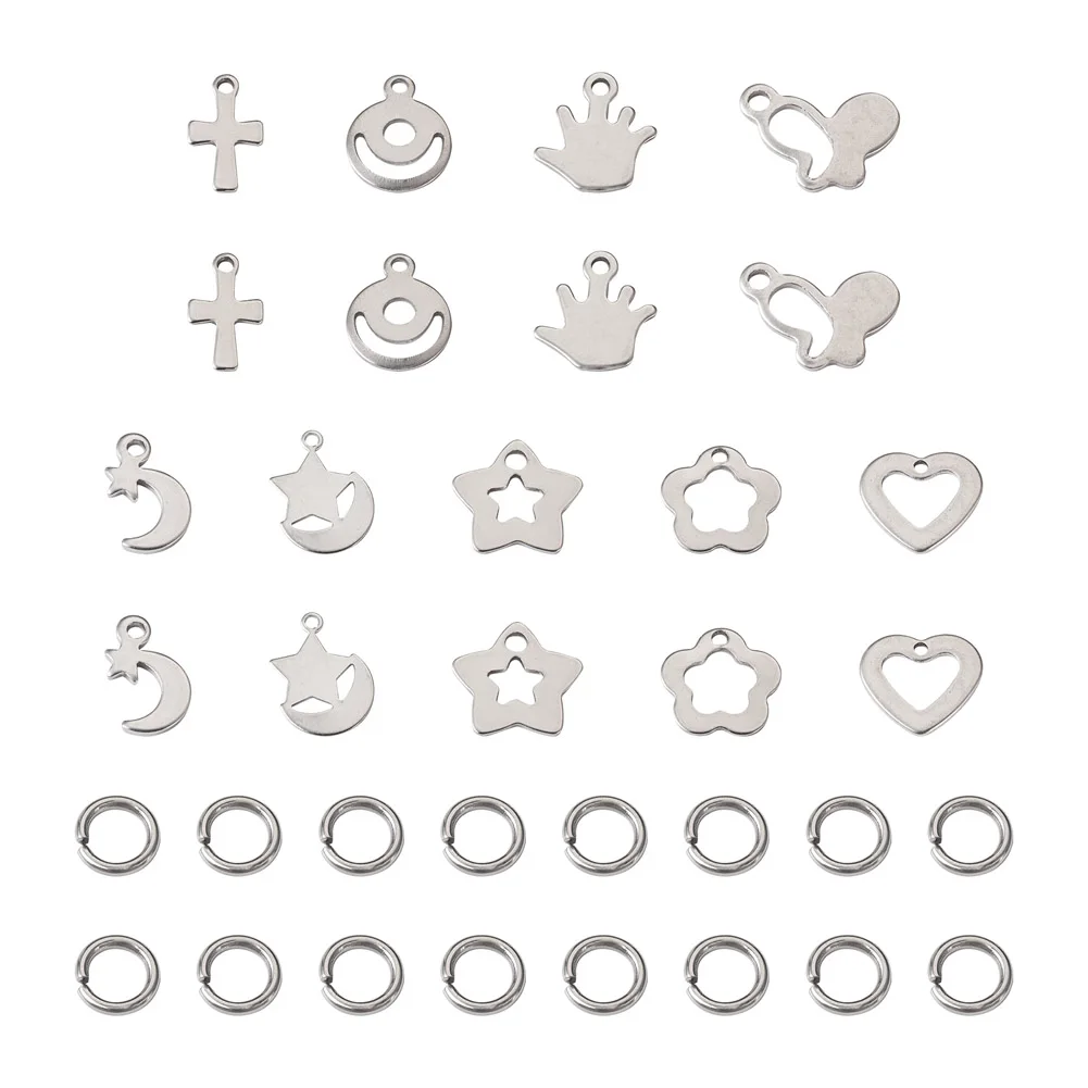 

90Pcs 304 Stainless Steel Charms Mixed Shapes Pendants With Jump Rings For Jewelry Making Earring Necklace Findings Supplies