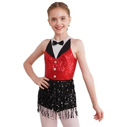 Kids Girls Sequined Ballet Dance Latin Jazz Dress Sleeveless Keyhole Back Tassel Fringe Lyrical Dress Performance Dancewear