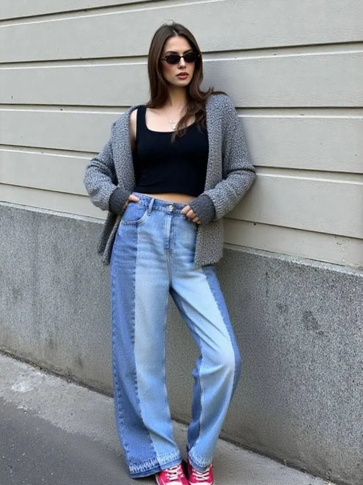 HH Women Fashion Patchwork Straight Jeans Vintage High Waist Wide Legs Denim Pants Autumn High Street Lady Trousers Jeans