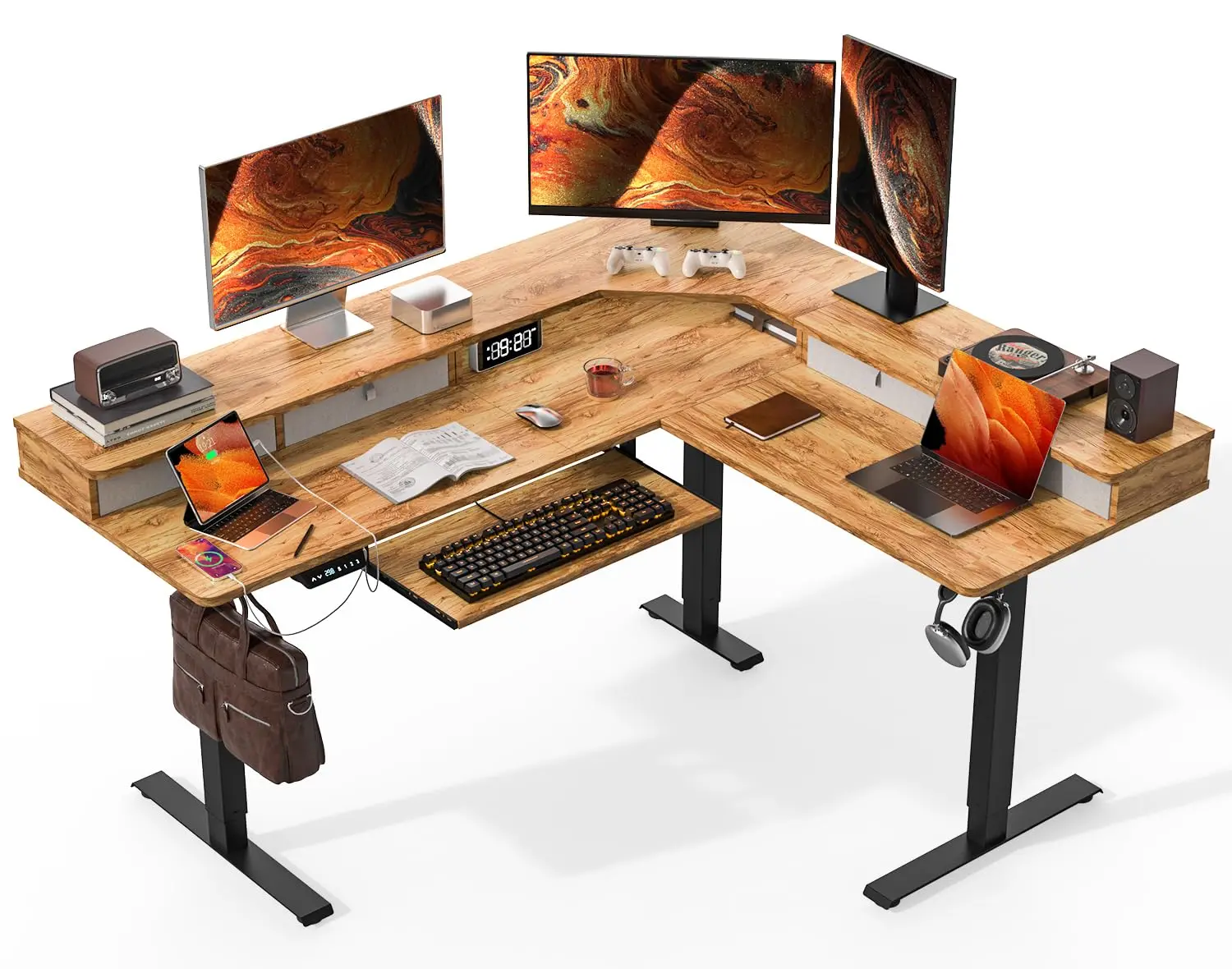 

Угловой электрический стол-трансформер L-образной формы 63x55 с ящиками, зарядной станцией, выдвижной полкой для клавиатуры, для работы сидя и стоя, на заказ