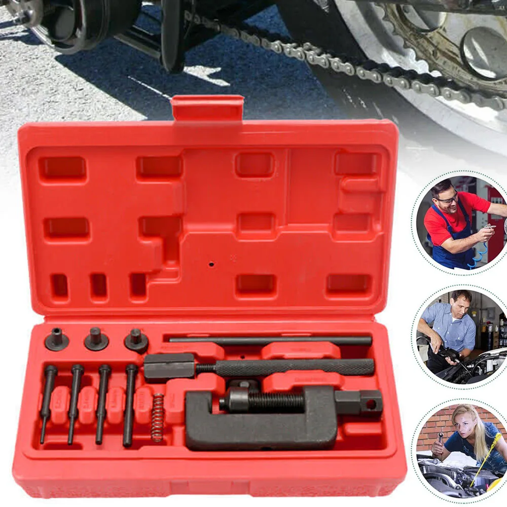 13Pcs Heavy Duty Motorcycle Bike Cam Drive Chain Breaker Splitter Link Riveter Set Riveting Repair Tool Kit With Red Case