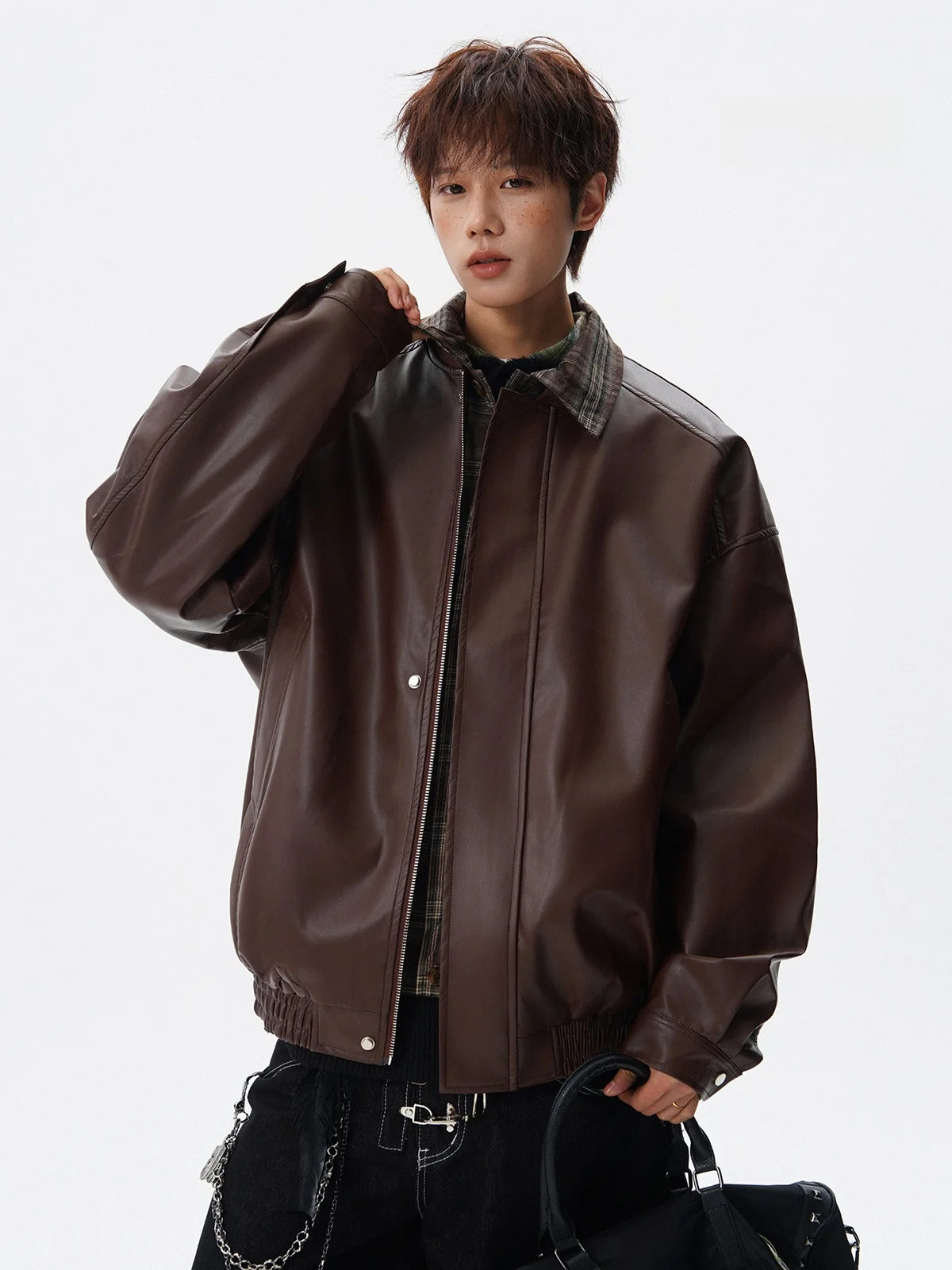 

ex Plaid Patchwork Biker Jaet PU Leather Coat Street Sle Winter Faion High Street Trend Vintage Design Casual Loose...