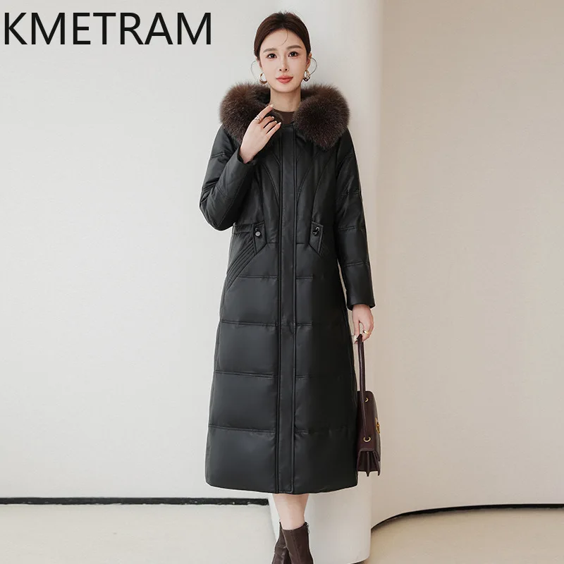 Damska kurtka puchowa ze 100% skóry owczej, wysokiej jakości, długi płaszcz puchowy ze skóry naturalnej z kapturem i kołnierzem z futra lisa, odzież zimowa 2025