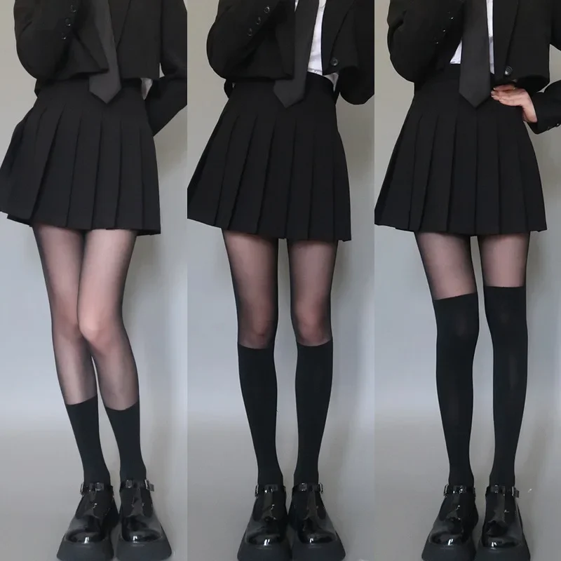 Spring Summer Stockings Woman Ultra Thin Lolita Splicing Pantyhose Black Sexy Leggings Girls Cute JK Tights Cosplay Anime Medias