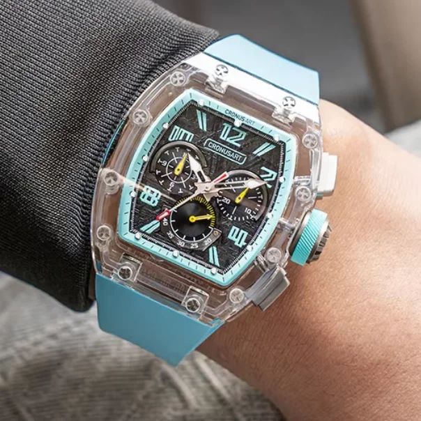 CRONUSART Men Chronograph Watch Tonneau Mechanical Wristwatch Sapphire Case & Mirror Luminous Fluororubber Strap Meteorite Dial