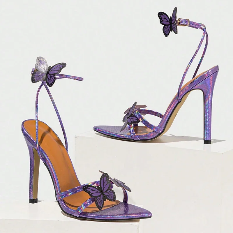 

Сексуальные фиолетовые летние сандалии на высоком каблуке для женщин, модные модельные туфли-лодочки с открытым носком и бабочкой, роскошные брендовые дизайнерские туфли для банкетов, женская обувь