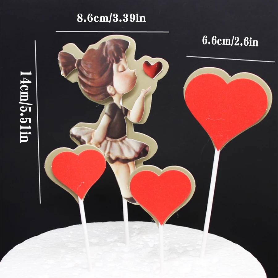 4Pcs Creative Girlfriend Flying Kiss Red Heart-shaped Cake Decoration Plugin Valentine's Day Love Celebration Baking Decoration