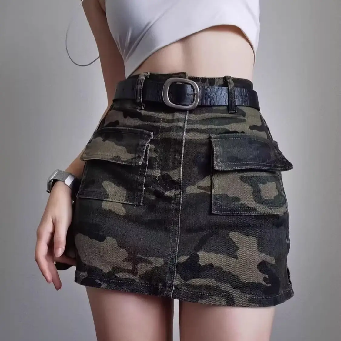 

American Street High Waist Camouflage Skirt Women's Elastic Hip Wrap Spice Girl Cargo Short Skirt