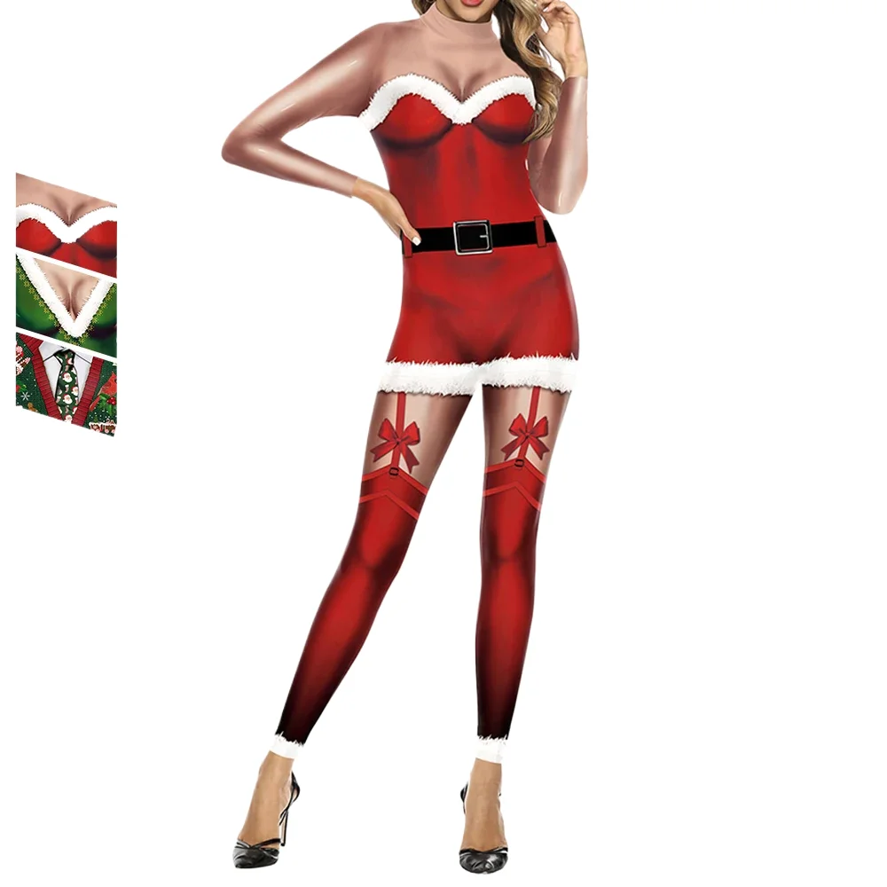 

2024 New Christmas Women Men Jumpsuit Fashion Cosplay Costumes Long Sleeve 3D Printing Holiday Party Funny Bodysuit Performance