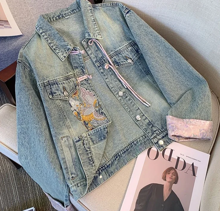 

Chinese style traditional denim coat for women long sleeves tangsuits blouse women retro Embroidery tang suits coat