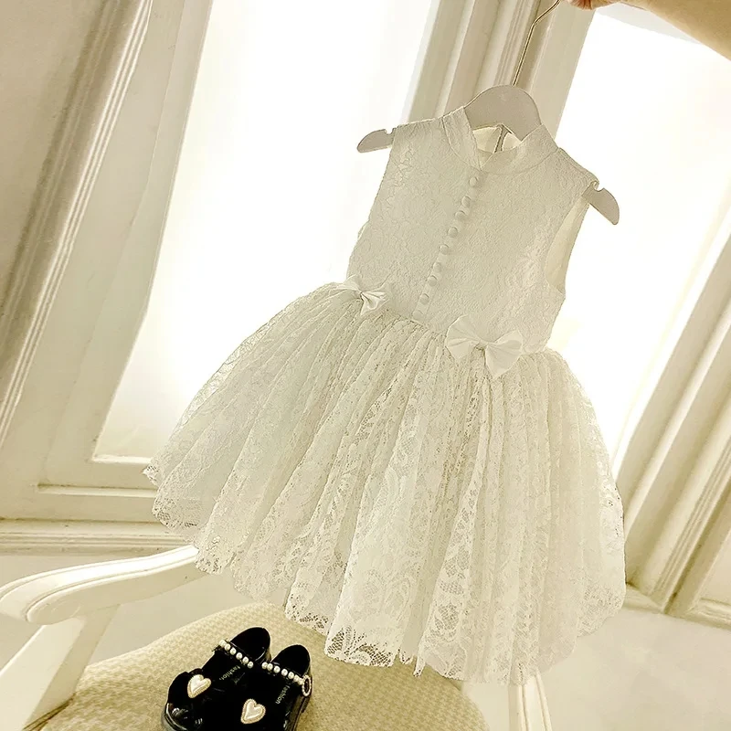 2024 New Summer Dress for Girls 1 to 6 Yrs Lace Cute Kid's Birthday Princess Dress Solid Elegant Wedding Party Dress