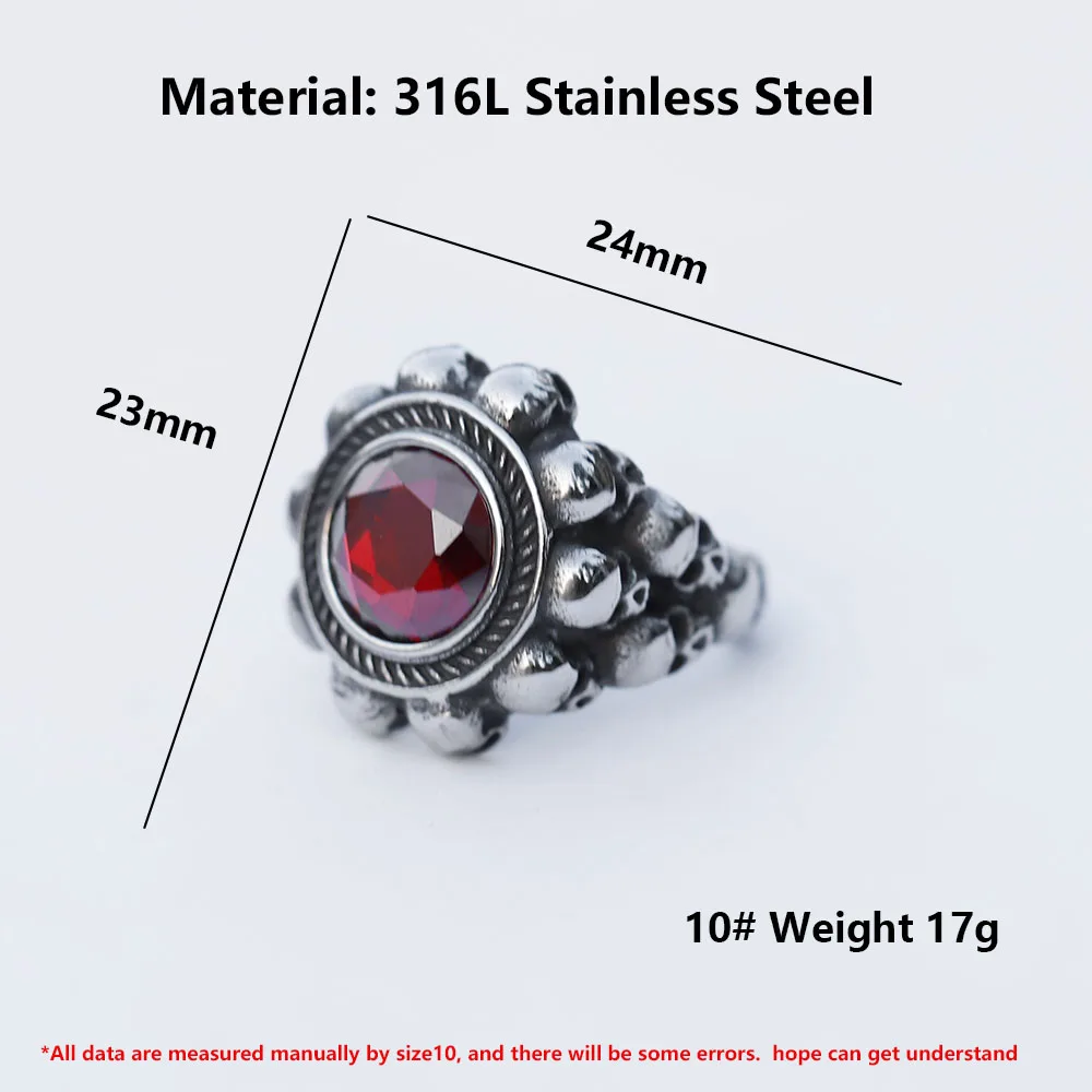 2022 NEW Men\'s 316L stainless-steel rings Skull Head witth Red zircon ring Vintage gothic punk Jewelry Gifts free shipping