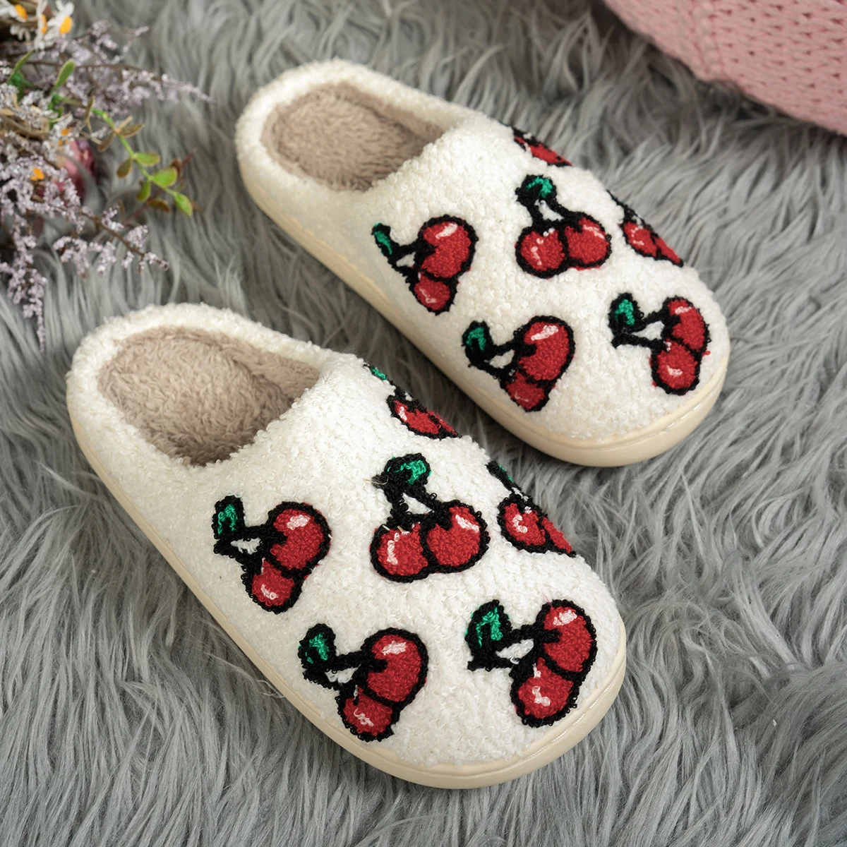 Cute Fruit Cherry Pattern Slippers Girl's Bedroom Comfy Winter Indoor Casual Warm Soft Women Interesting Plush Home Shoes