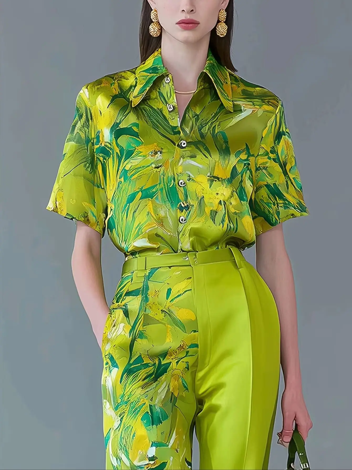Spring Slim Print Blouse Pants Suit Women Short Sleeves Single-breasted Shirt+high Waist Straight Trousers Autumn Two Piece Set