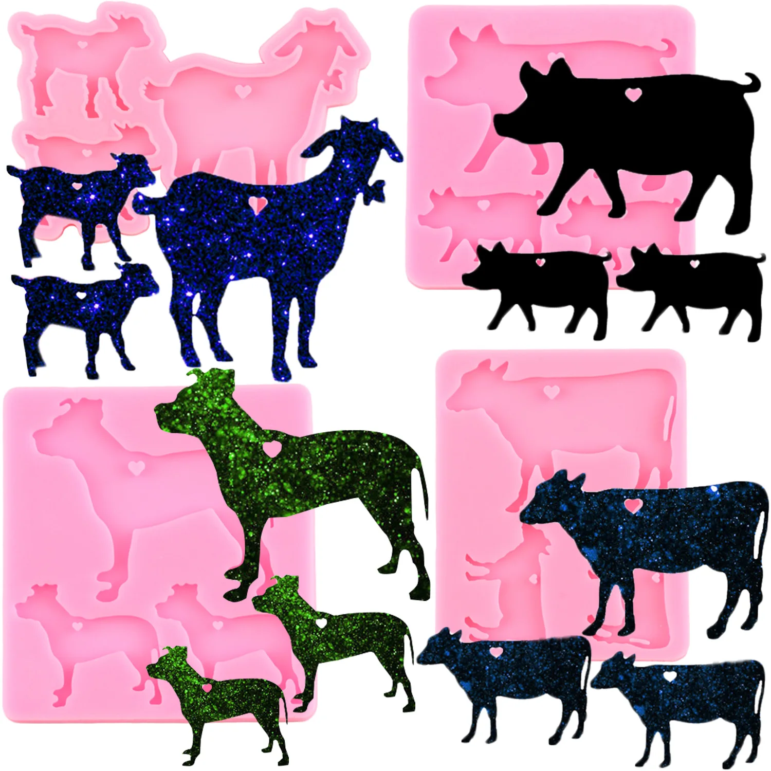 Goat Cattle Keychains Silicone Molds DIY Shiny Jewelry Pig Dog Keychain Epoxy Resin Mold Necklace Pendant Resin Crafting Making