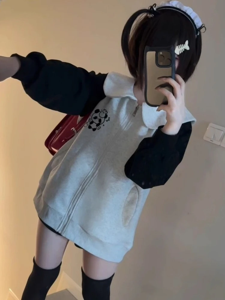 HOUZHOU Cuteore Sweet Patchwork Hoodies Women Japanese Style Kawaii Y2k Harajuku Cute Cartoon Print Sweatshirt Soft Girl 2024