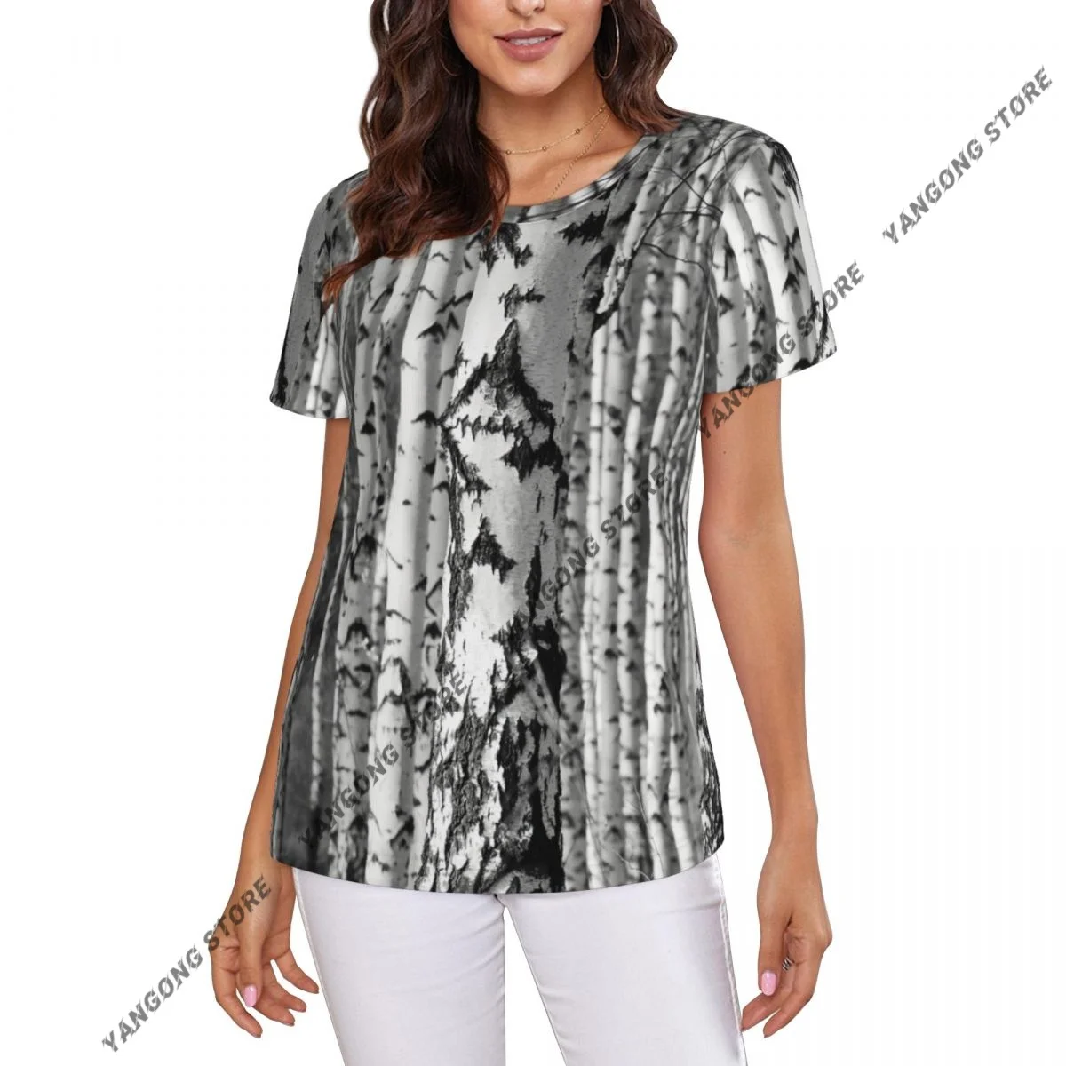 Women Short Sleeve Top Winter Birch Trees Trunk Forest T-shirt Fashion Summer Female Tops Loose Round Neck T Shirt
