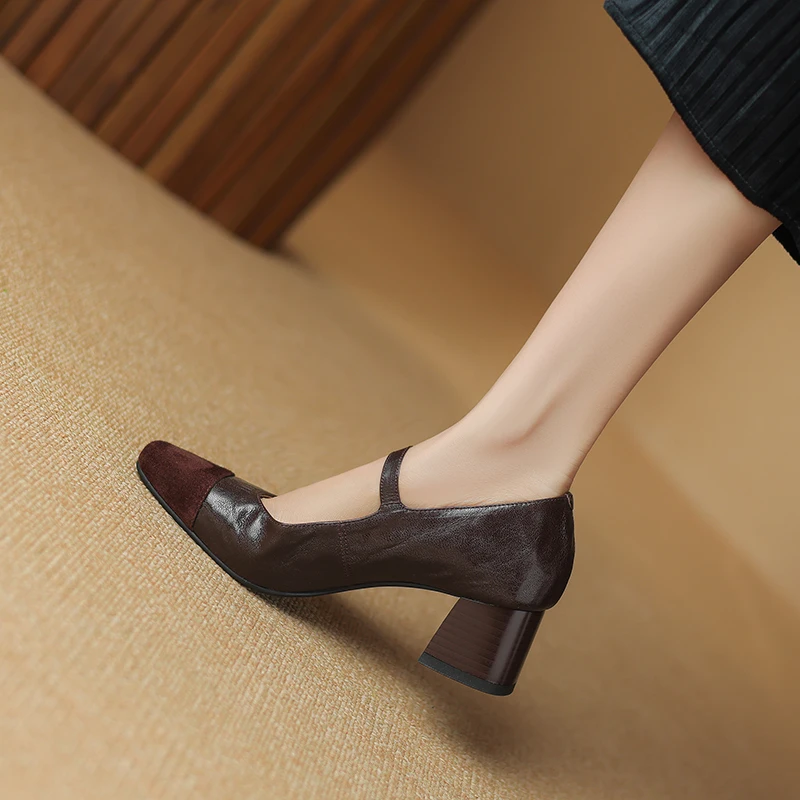 Women's 2024 Shoes Sheepskin Mary Jane French Simple Shoes On Heel 4.5 CM Retro Cozy Thick Heels Spring Autumn Buckle Pumps