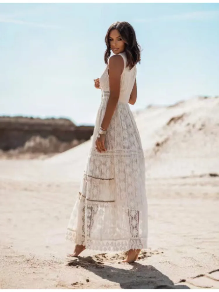 Boho Dress Lace Hollow Out Vintage Floor Length Frock Sexy Backless Solid Long Skirt Summer V-neck Vacation Outfits Sundress