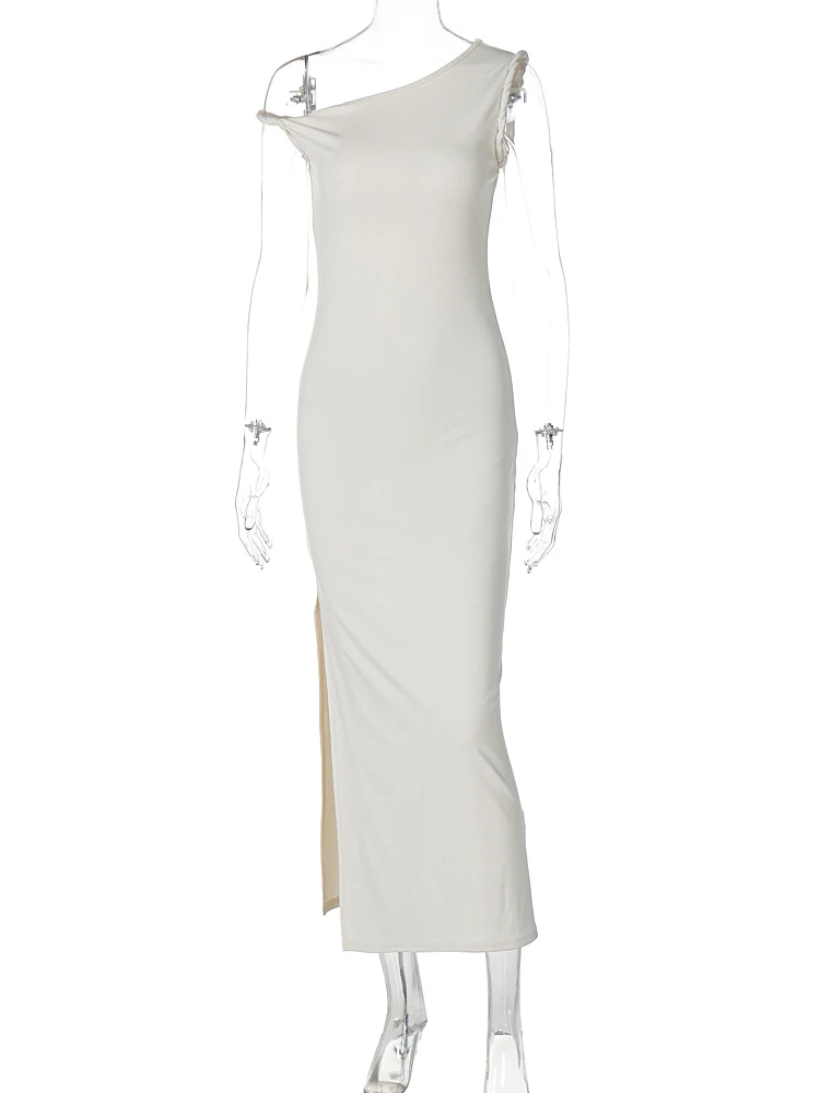 Hugcitar Fashion Solid One Shoulder Sleeveless Slit Irregular Sexy Slim Maxi Dress Summer Women Y2K Outfit Birthday Festival