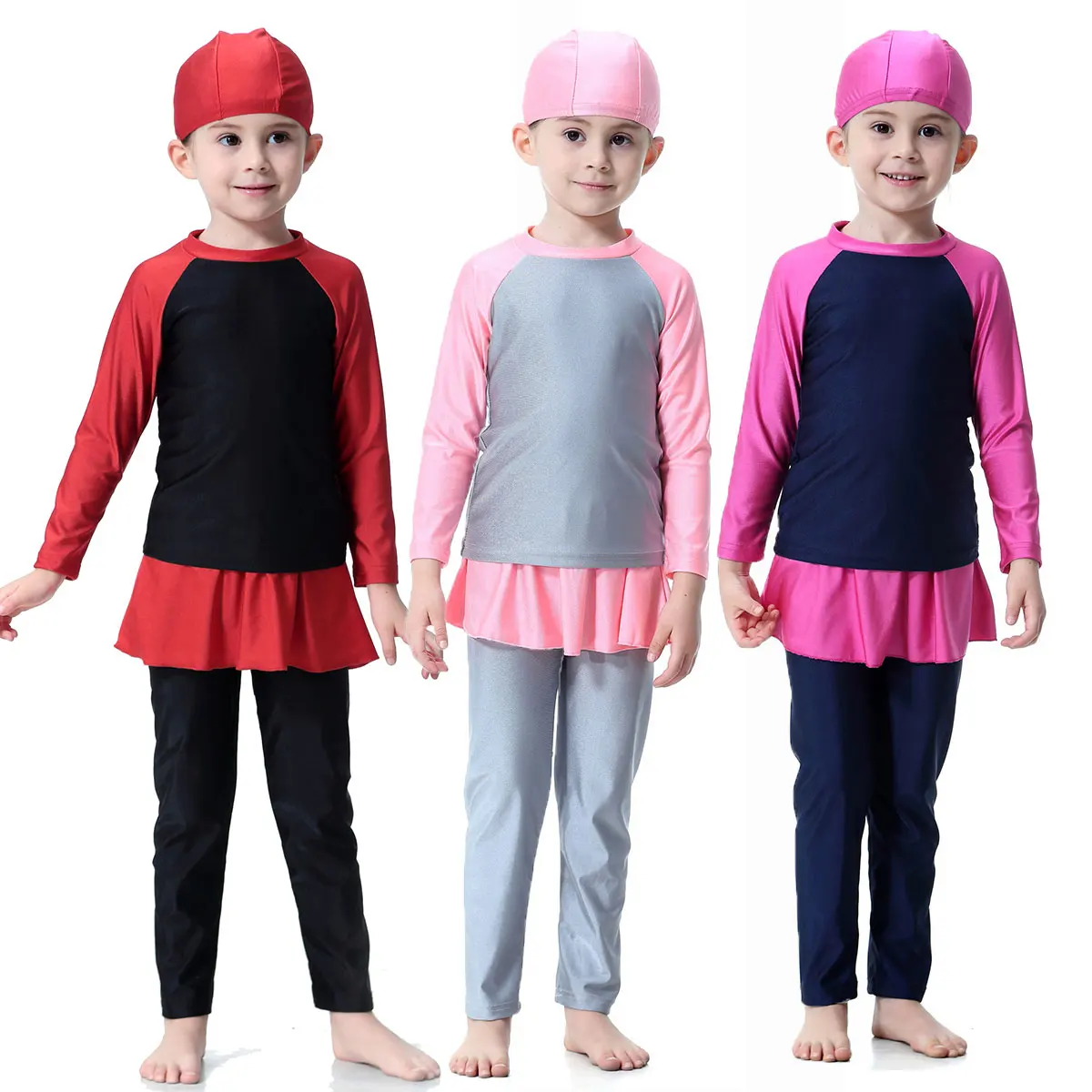 Modest 1-16Y Muslim Girls Swimwear Toddler Child Teens Islamic Burkini for Girls Top Pants With Skirt Cap 3pcs/set Quick Dry