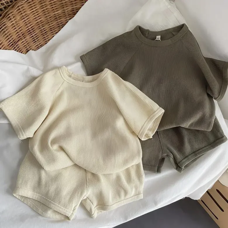 

Summer Kids Baby Boys 2PCS Clothes Set Cotton Solid Simple T-shirts Thin Waffle Shorts Suit Toddler Boys Outfits