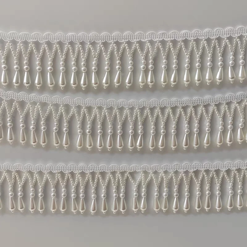 4cm Wide Pearl Beads Beaded Fringe, white Pearl Beaded Fringe, By 1 yard