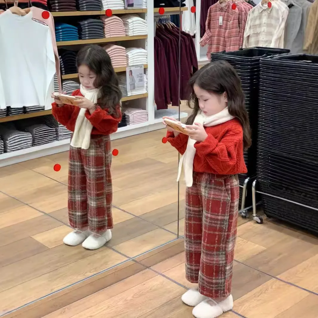 Girls Suit 2024 Autumn New Childrens Clothing Korean Style Baby Girl Retro Sweater Red Gingham Pants Two-piece Set Casual image 2