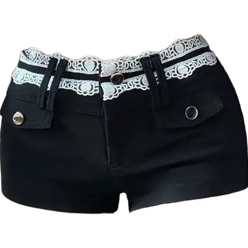 Dames Zwart Gothic Kanten Rand Casual Jeans Y2K Harajuku High Street Esthetische 90S Mode Retro Denim Shorts Kleding 2026 Nieuw