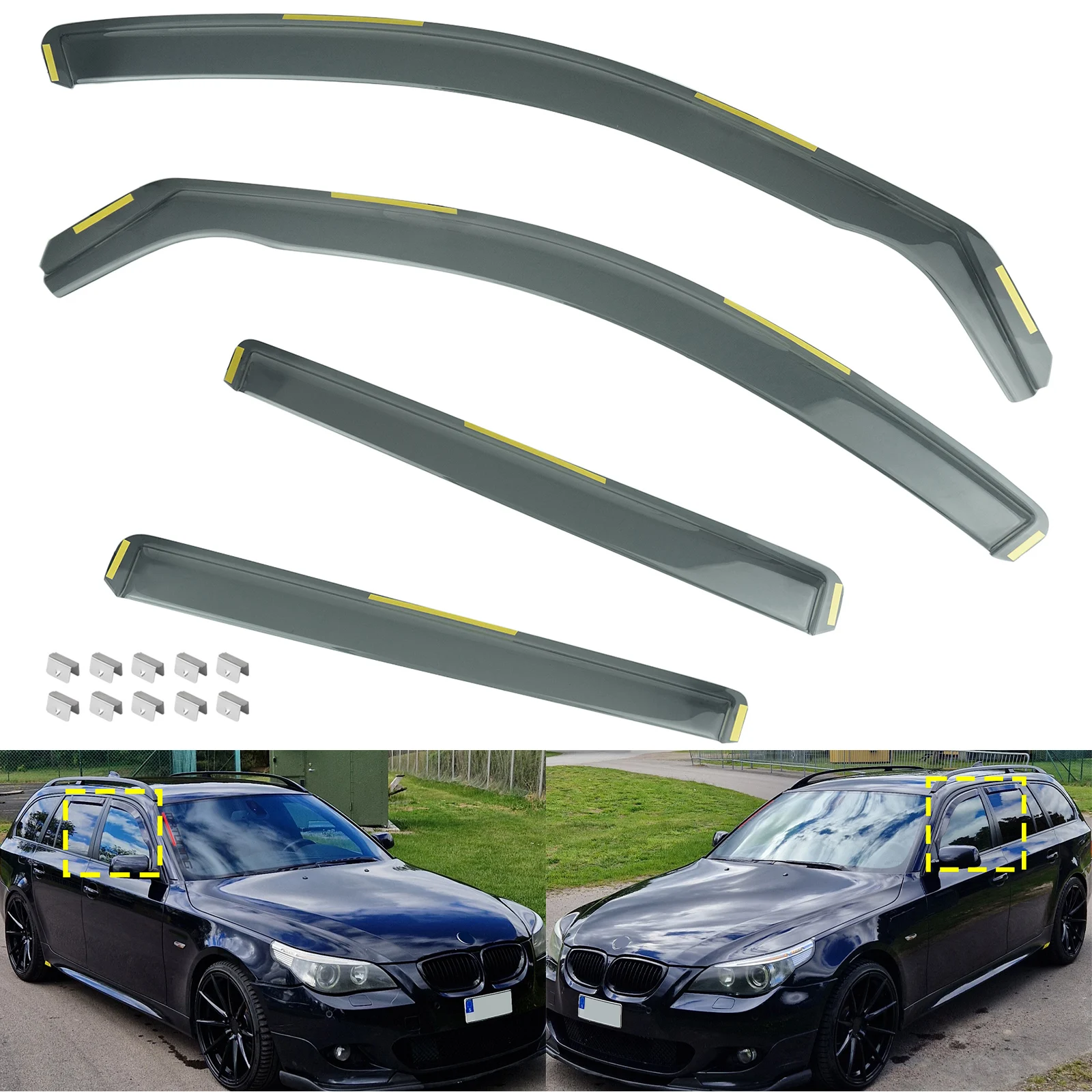 4pcs/set Tint Wind Deflectors For BMW 5 Series E61 Estate Touring 5-Door 2004-10 Window Edgevisors Wind Rain Sun Guard Deflector
