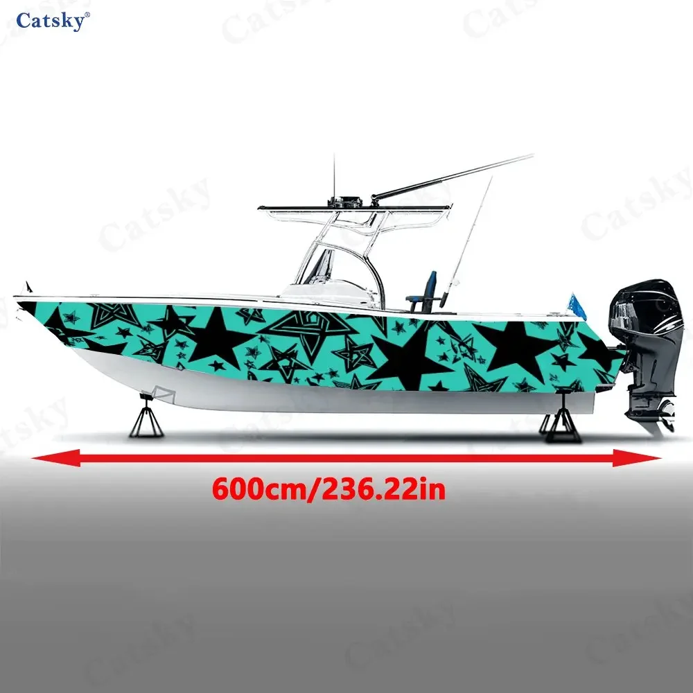 2Pcs Cool Teal & Black Star Pattern Boat Stickers, PVC Waterproof Vinyl Wrap Decals for Fishing Boat, Durable and Stylish Design