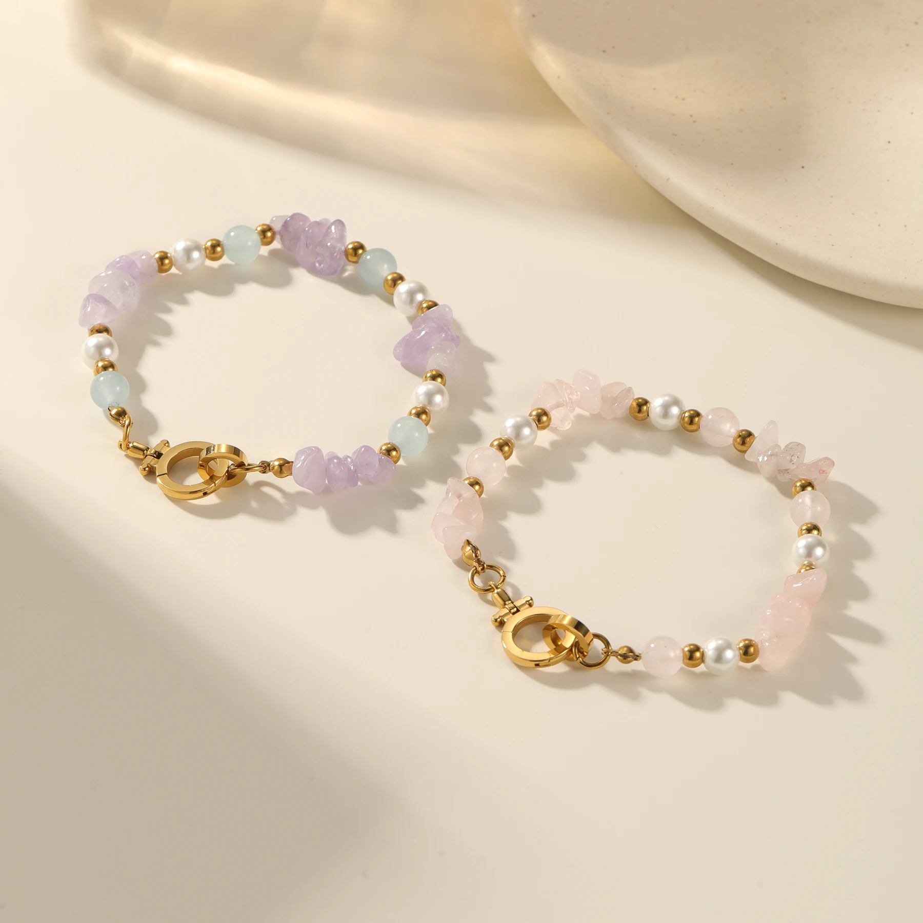 Natural Stone Pearl Bracelet Random Arrangement Energy Crystal Beaded 18K Gold Plated Summer Beach Boho Jewelry Gift for Women