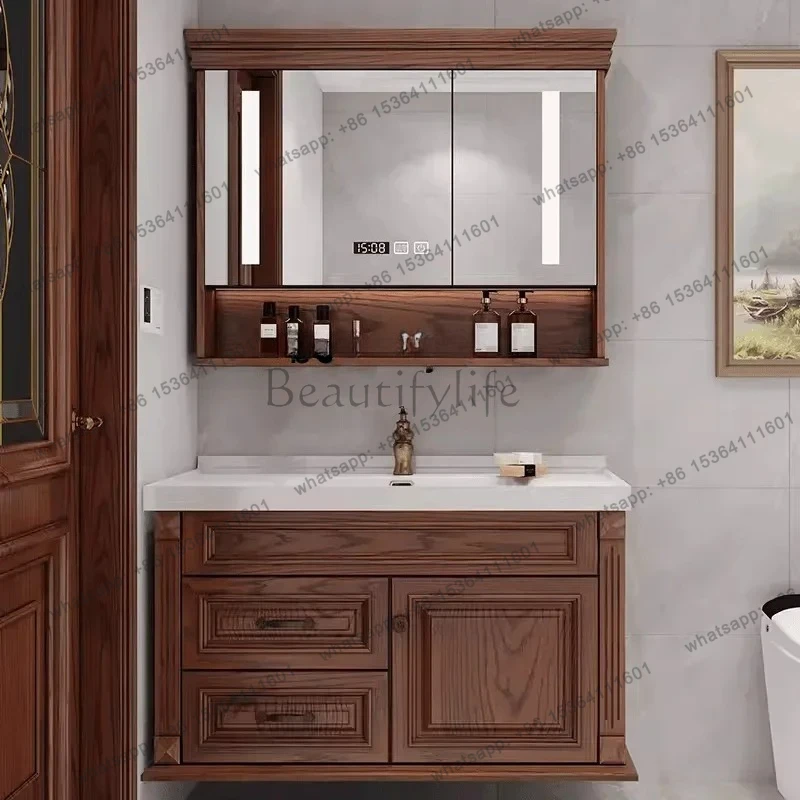 American Red Oak Integrated Ceramic Basin Bathroom Cabinet Solid Wood Wash Basin Cabinet Smart Bathroom Wall Cupboard