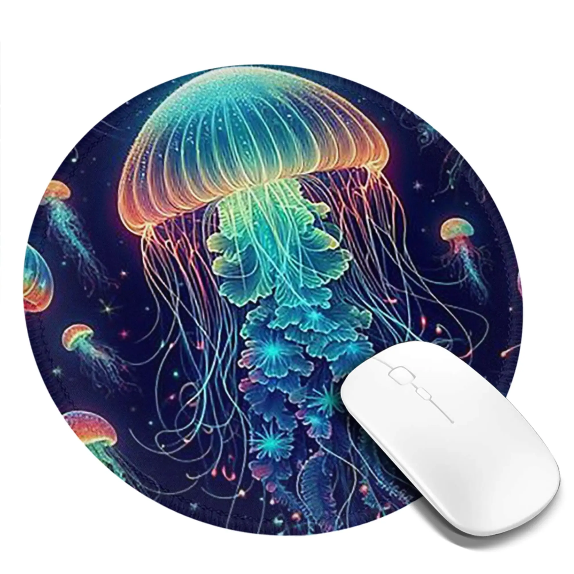 Luminescent Rainbow Jellyfish on Navy Blue Mouse Pad Computer Keyboard Mouse Mat Gaming Laptop Desk Mat Accessories Table Mats