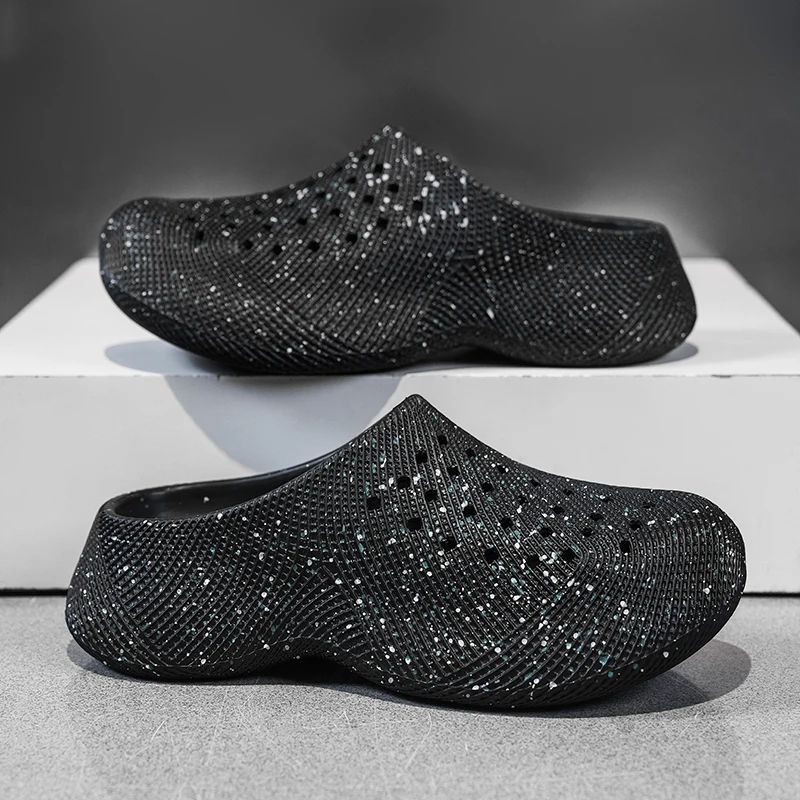 Unisex Glitter Inkjet Texture Closed-Toe Anti-Collision Hollow Drainage Integrated Eva Sandals, Soft Cushioning Non-Slip Beach and Home Slippers