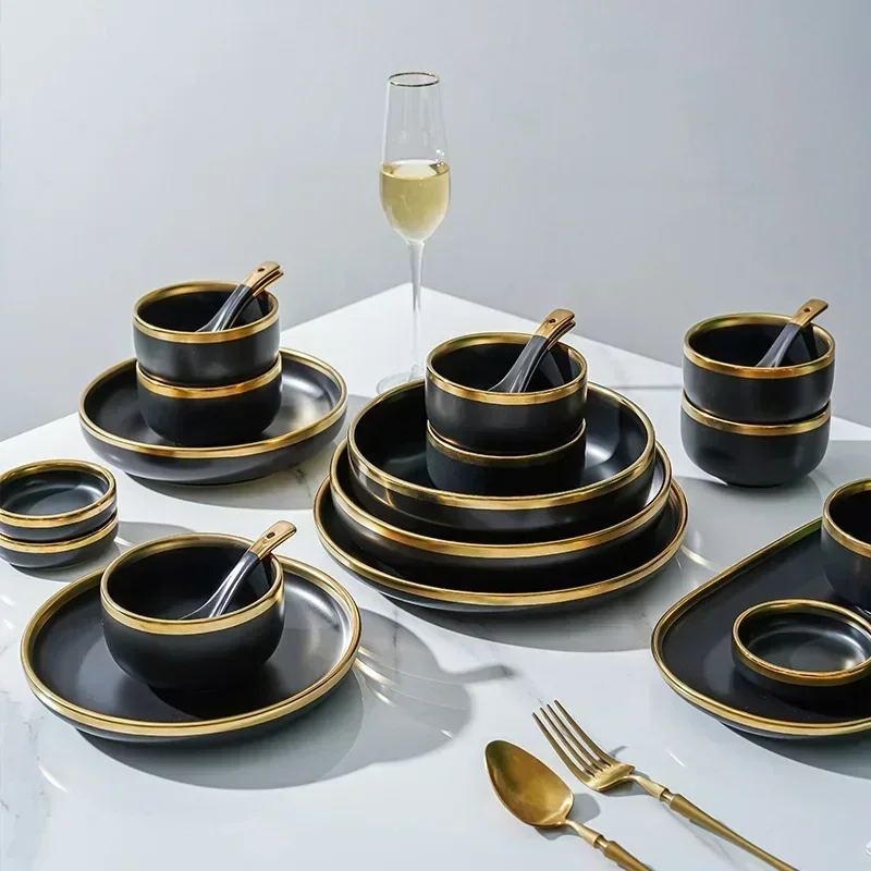 Ceramic Black Gold Edged Cutlery Bowl and Dish Set Nordic Home Dinner Luxury Matte Bowl and Dish Tray Set Complete Tableware Set