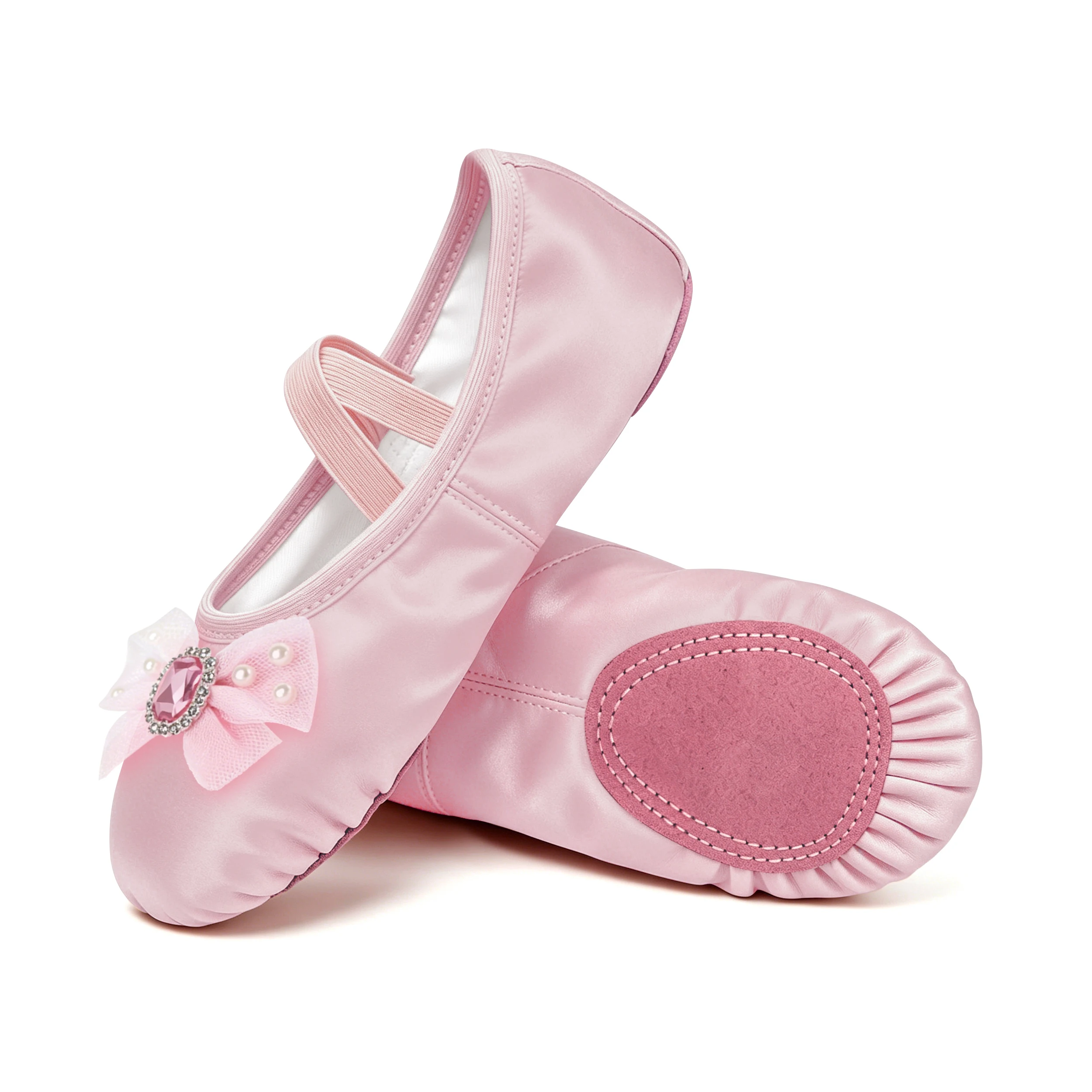 Zapatillas de Ballet de Satén para Niñas, 2 Estilos, Suela Partida de Cuero con Correa Elástica, Zapatos Antideslizantes para Niñas, Zapatos de Baile con Pedrería de Mariposa