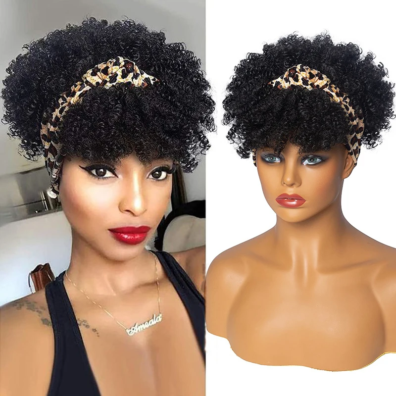 Peluca de diadema rizada suave para mujer, pelucas cortas Afro rizadas, envoltura de turbante, peluca sintética Afro rizada con bufanda, Cosplay, 10\