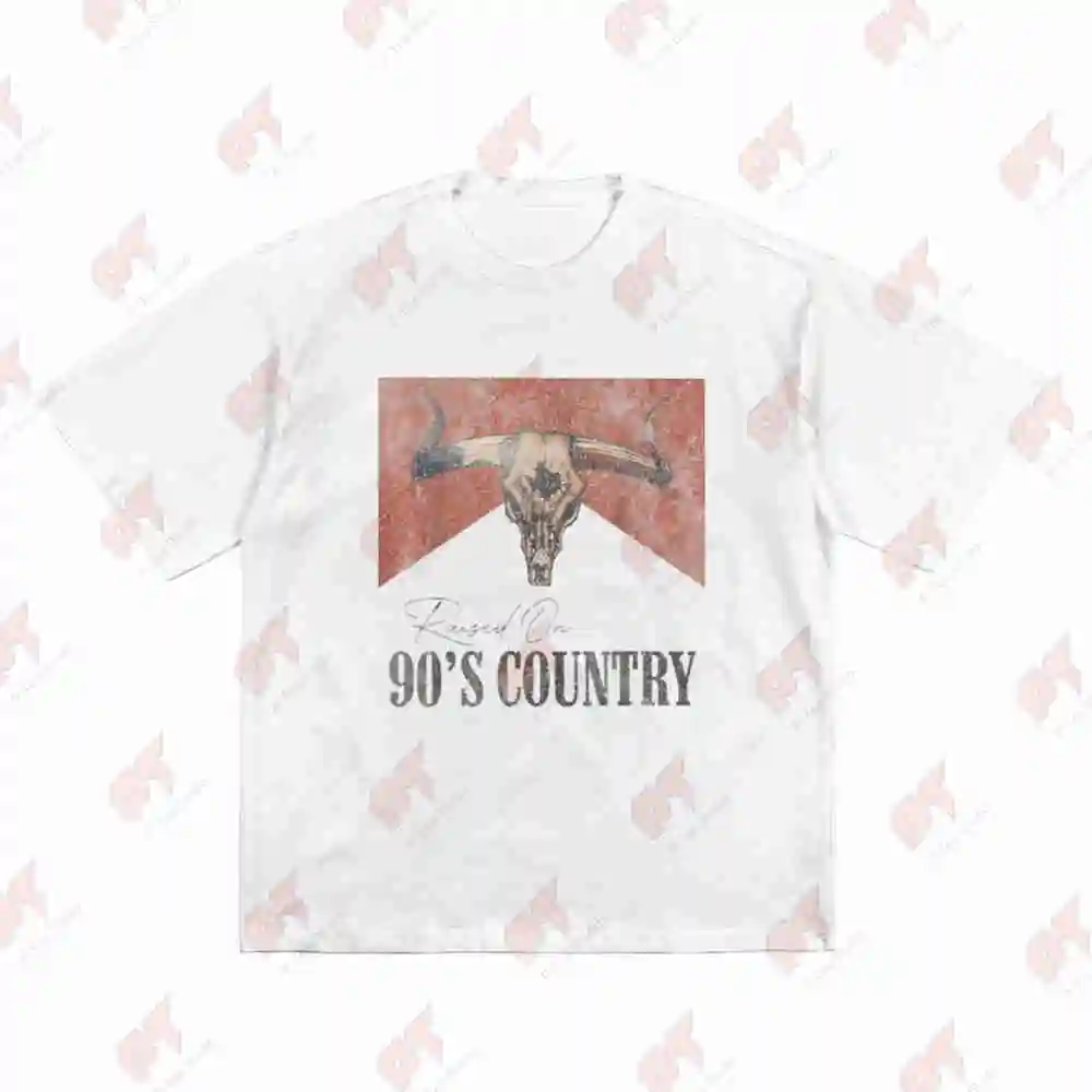 Bull Skull 90s Country Text Raised On Western Short Sleeve Tee 100% Cotton T-Shirt