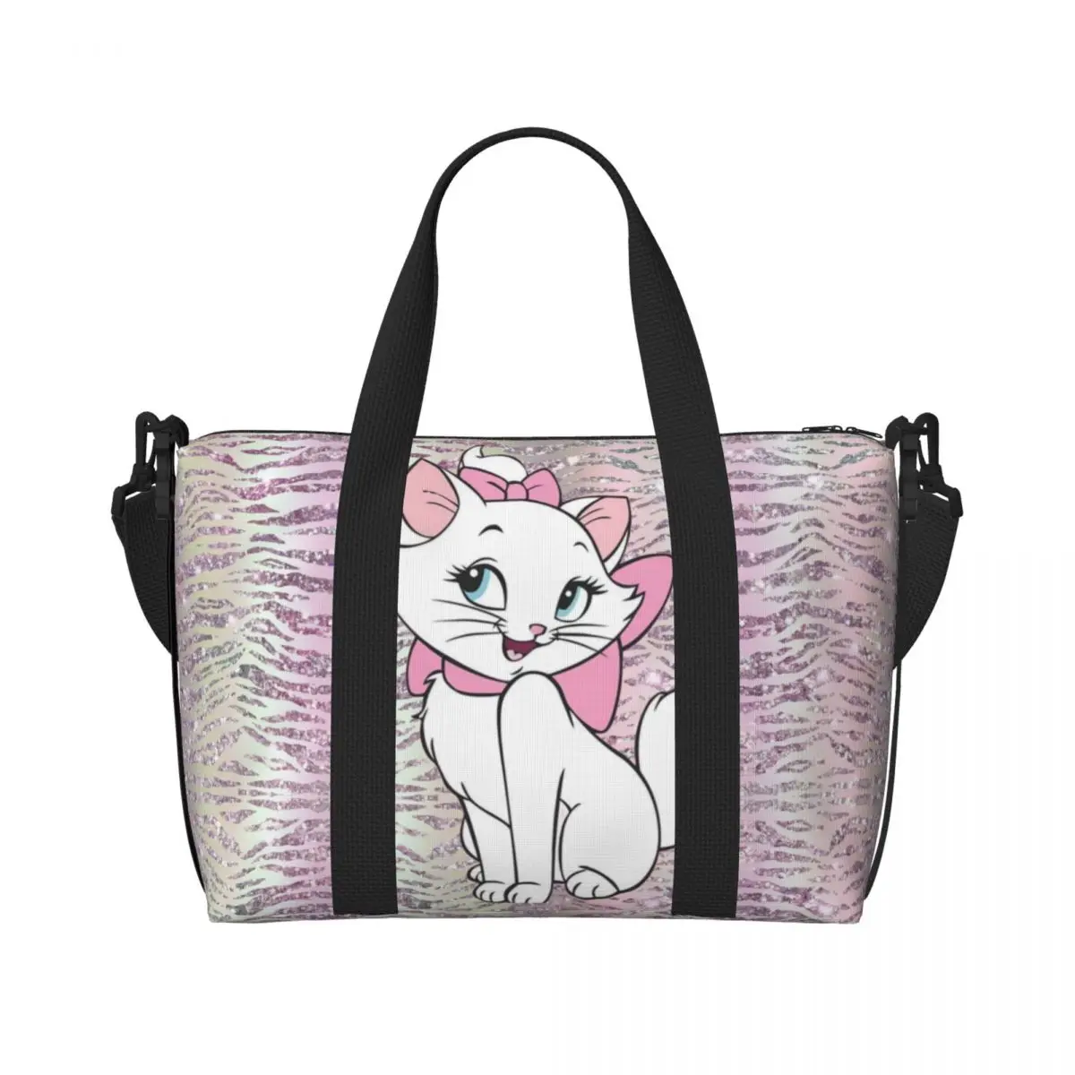 

Custom Cartoon Marie Cat Tote Bag Women Large Capacity Animal Movie Pink Kitten Film Beach Gym Shoulder Travel Bag