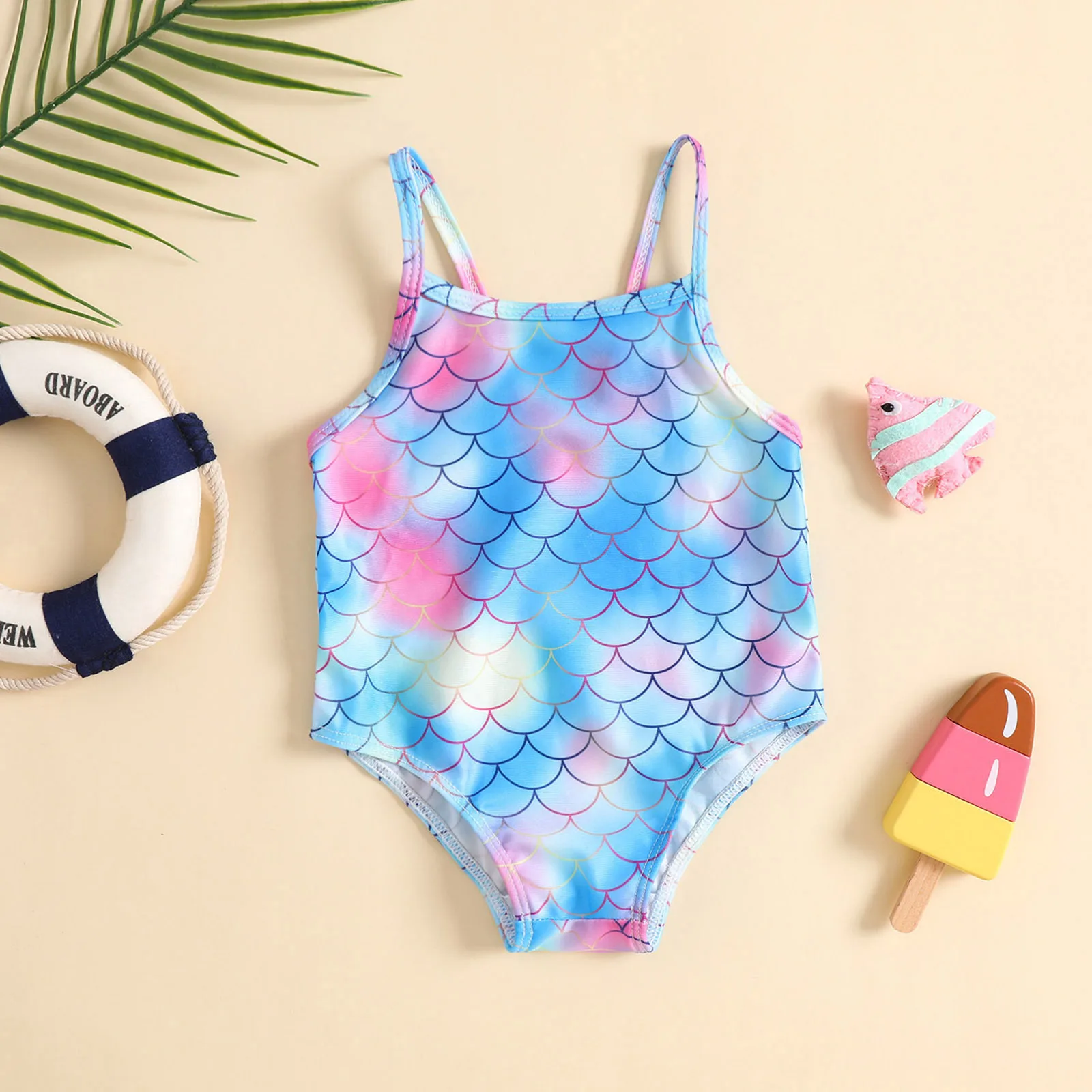 Baby one piece swimsuit printed with gradient fish scale pattern suitable for seaside trips and pool water play