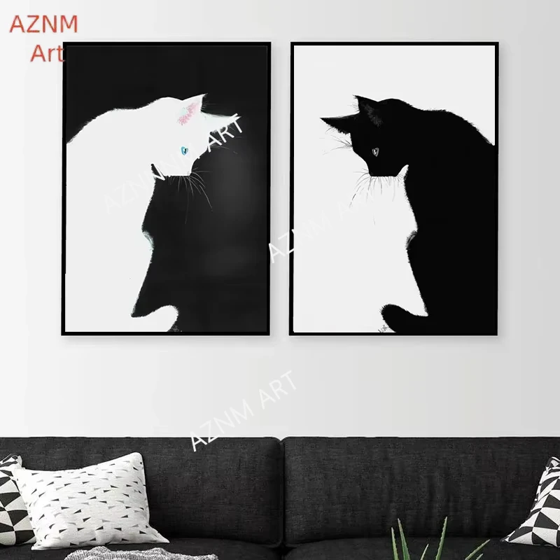 Modern Simple Wall Art Funny Cute Black and White Cat HD Canvas Print Poster for Home Living Room Bedroom Decorative Painting